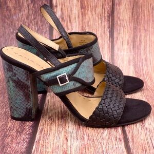 Tahari "Jada" Green Snake Embossed Slingback Block Heel Sandals Size 7.5M
